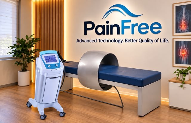 PainFree PEMF treatment room with control unit and ring applicator over a treatment bed